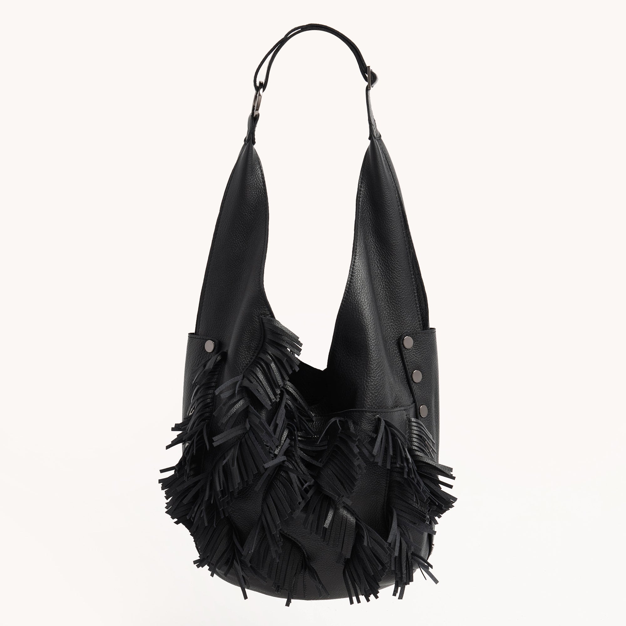 Fossil Black Leather Studs Fringe outlets Tassel Zip Pull Hobo Shoulder Bag Fixed Strap