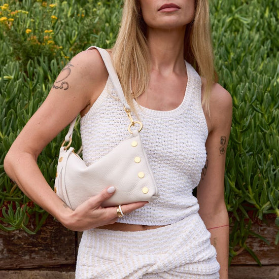 Model Carrying White Kyle Bag On Shoulder